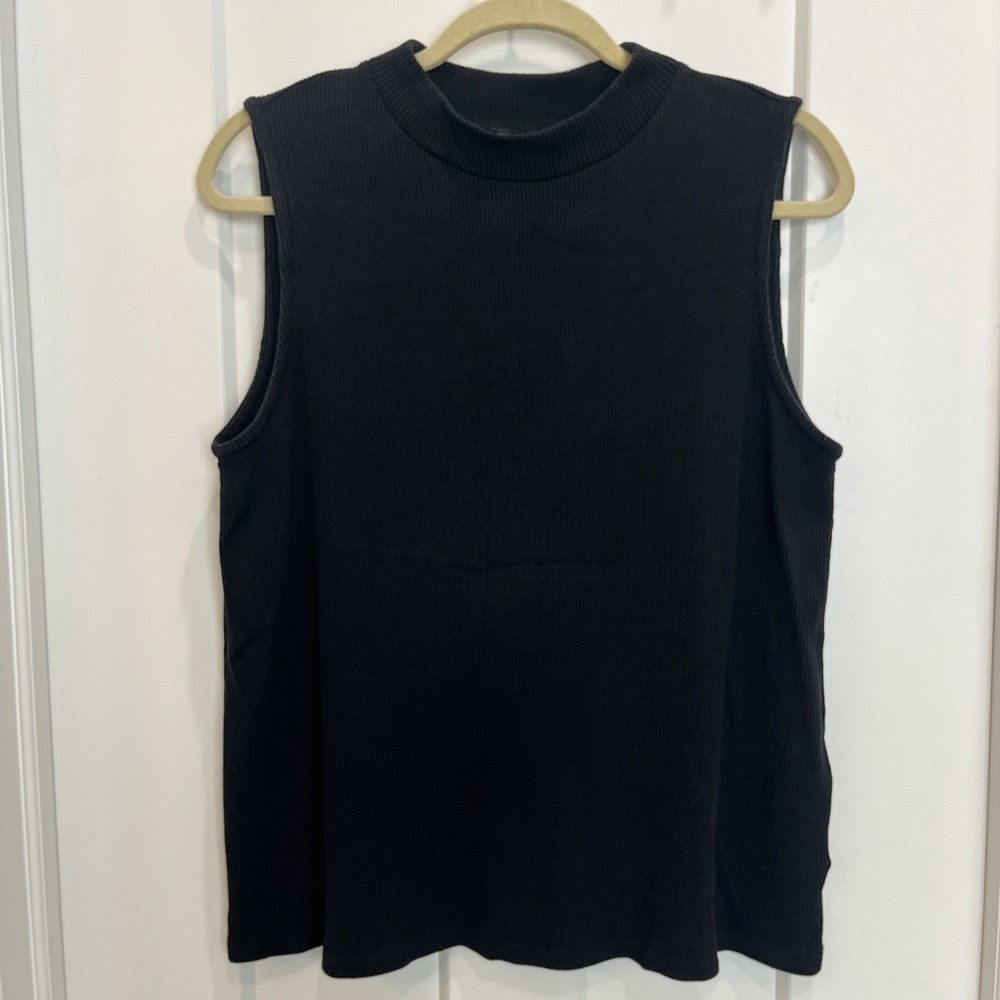 Eileen Fisher Black Mock Neck Ribbed Sleeveless‎ Tank Top Knit Size Large